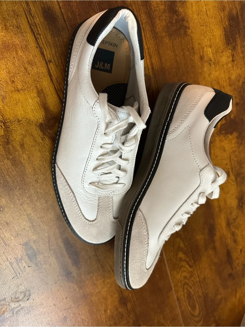 Men's White Leather Casual Sneakers with Sheep Skin Accent and Gum Sole